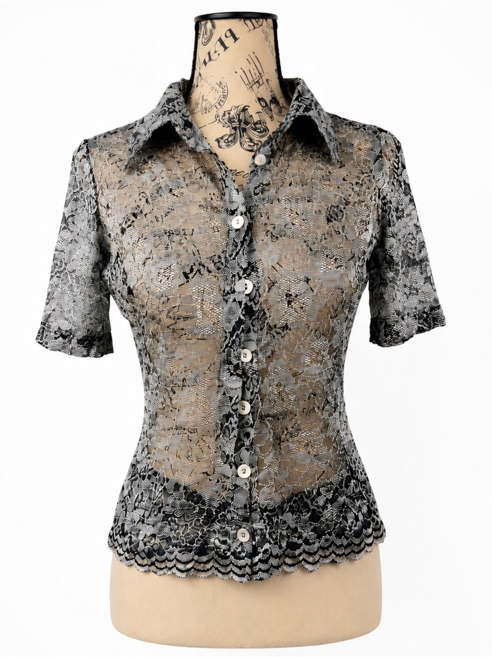 Malibu Black Lace Sheer Button-Down Blouse
